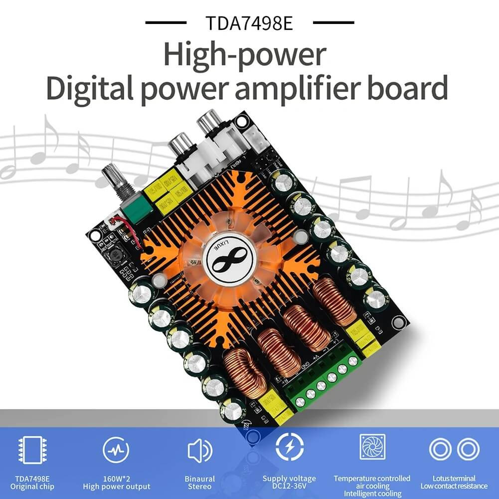 TDA7498E 2.0 High-Power Stereo Digital Amplifier Board, 160Wx2, Adjustable Gain, 20Hz-20KHz, with Cooling Fan